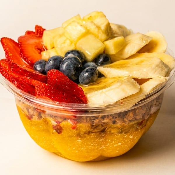 Colorful fruit bowl with strawberries, blueberries, pineapple, and bananas over a mango base.