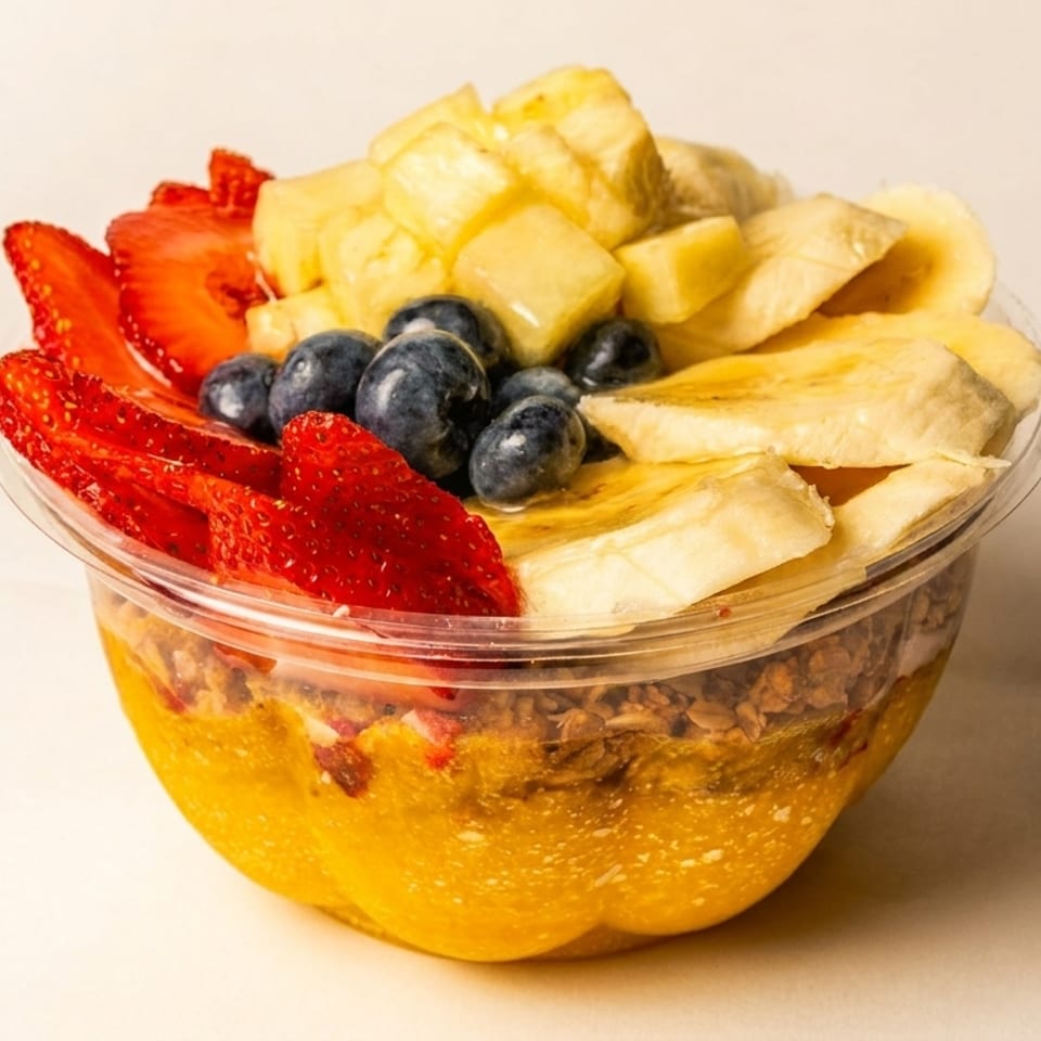 A vibrant fruit bowl with strawberries, blueberries, pineapple, and bananas over a mango base.