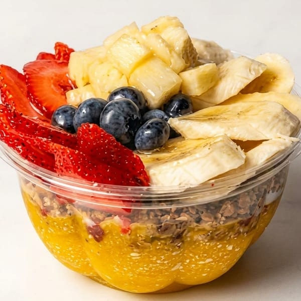 A vibrant fruit bowl with strawberries, blueberries, pineapple, and bananas over a mango base.