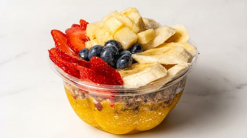 A vibrant fruit bowl with strawberries, blueberries, pineapple, and bananas over a mango base.