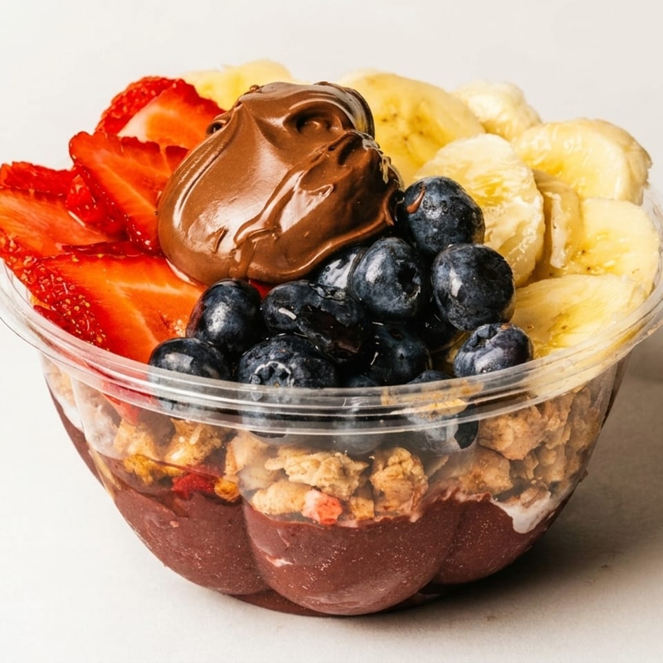 A vibrant acai bowl with strawberries, blueberries, bananas, granola, and a dollop of chocolate spread.