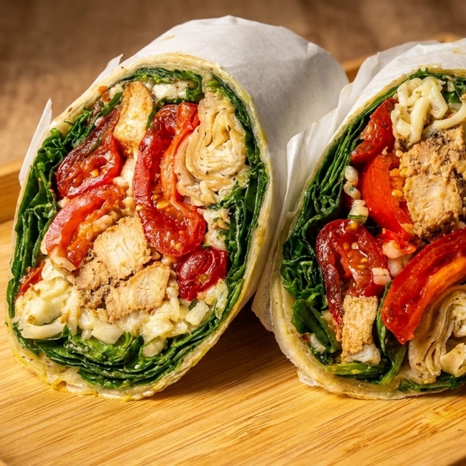 Two halves of a chicken and vegetable wrap, filled with greens, tomatoes, and rice, on a wooden tray.